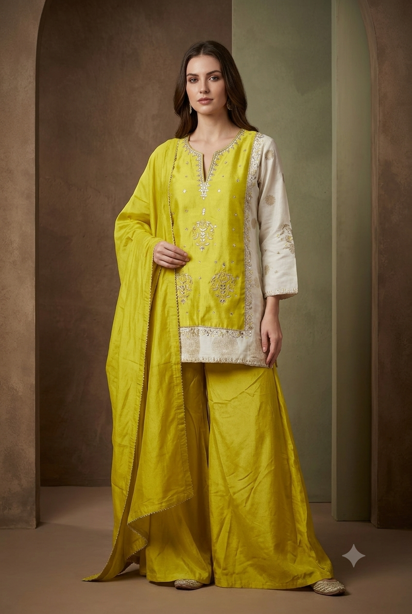 The Chartreuse & Ivory Chanderi Sharara Set
