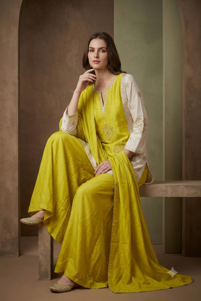 The Chartreuse & Ivory Chanderi Sharara Set