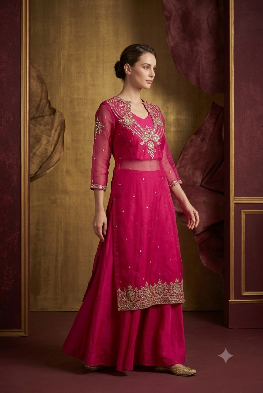 The Rani Pink Mirror-Work Organza Tunic Set