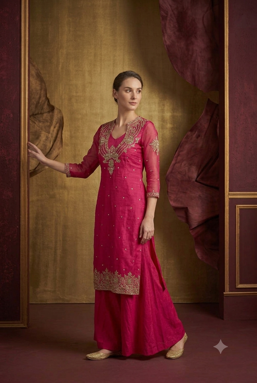 The Rani Pink Mirror-Work Organza Tunic Set