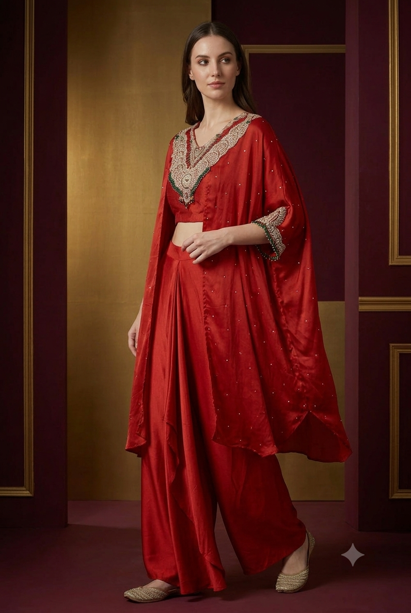 The Scarlet Rust Embellished Cape Set