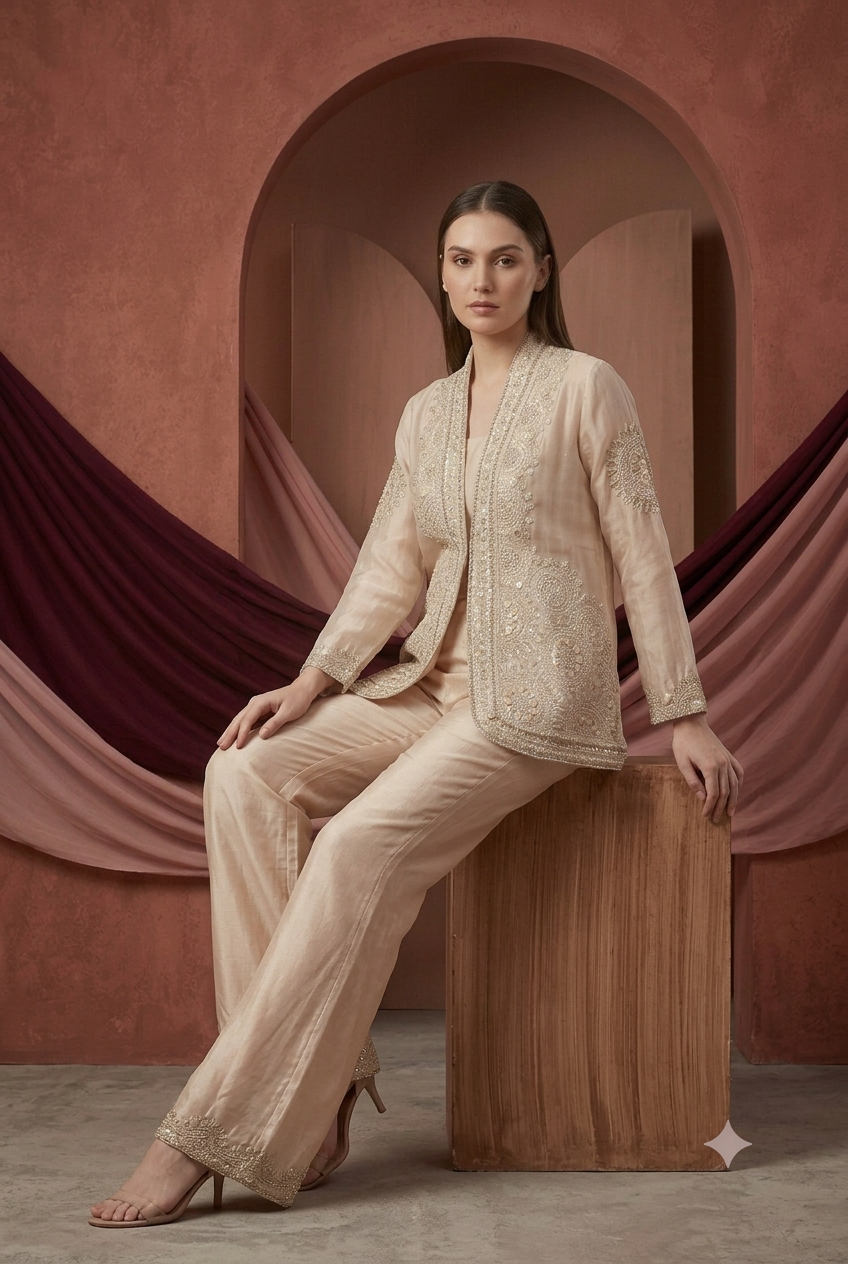 The Champagne Pearl Heavily Embellished Jacket Set