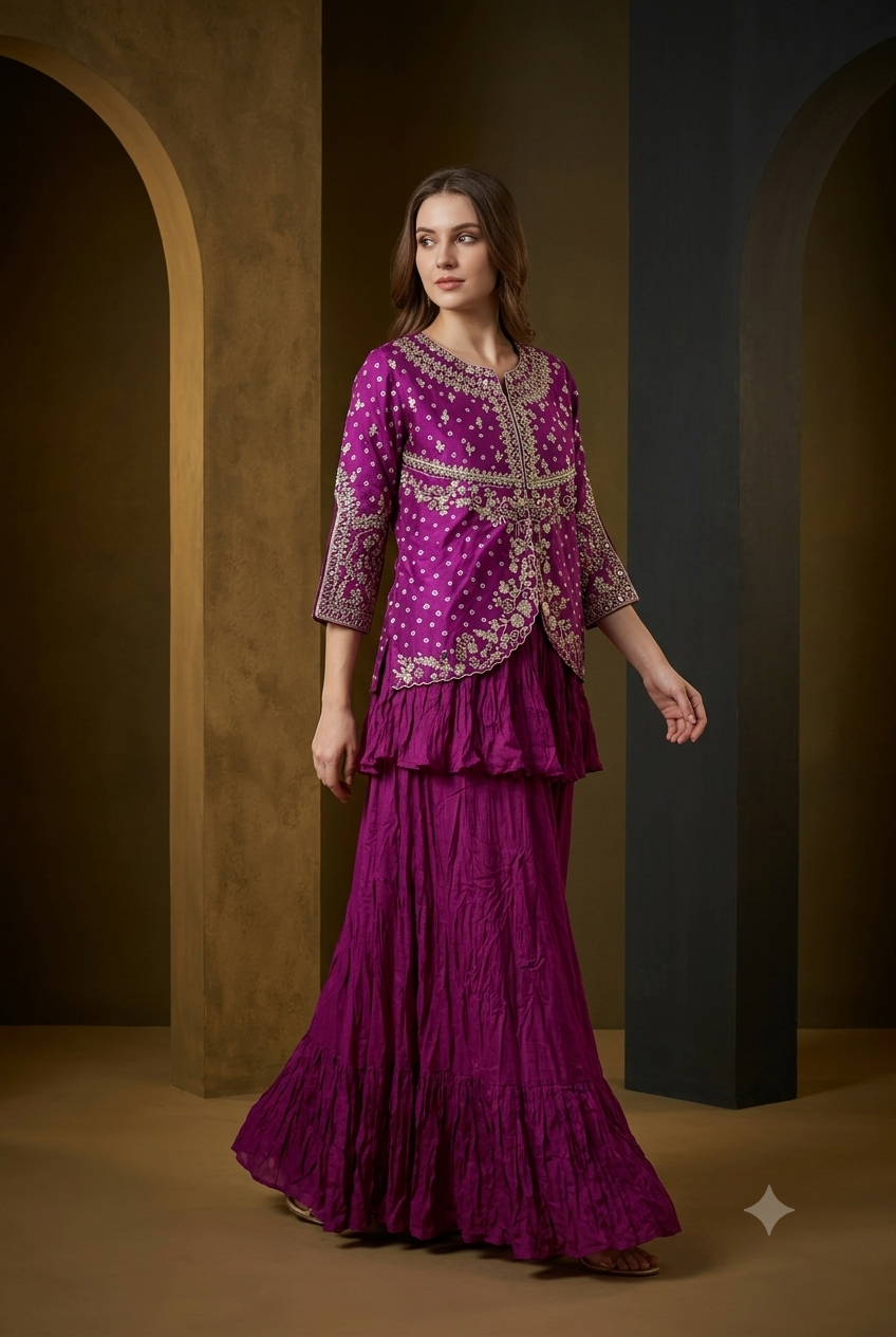 The Magenta Bandhani Peplum Sharara Set