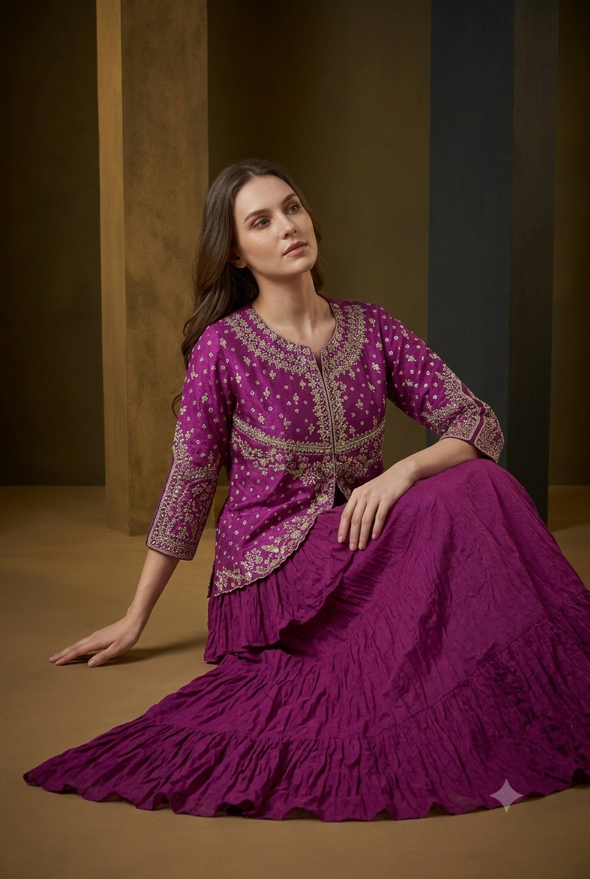 The Magenta Bandhani Peplum Sharara Set