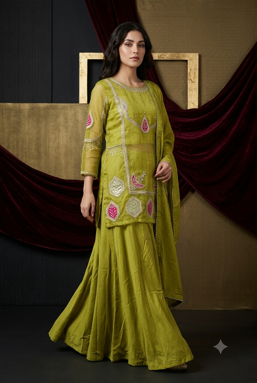 The Olive Green & Fuchsia Paisley Organza Set