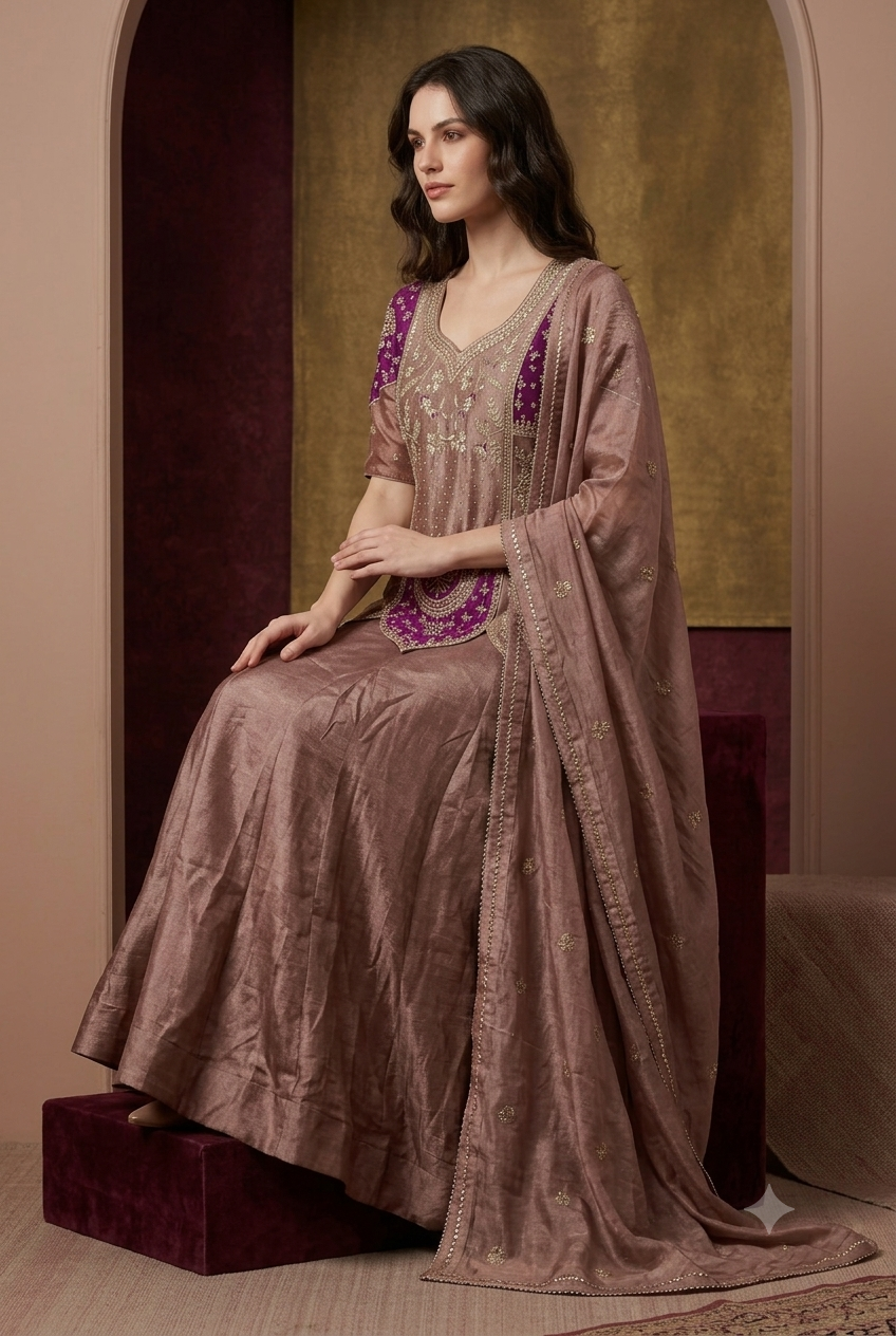 The Dusty Taupe & Purple Bandhani Fusion Set