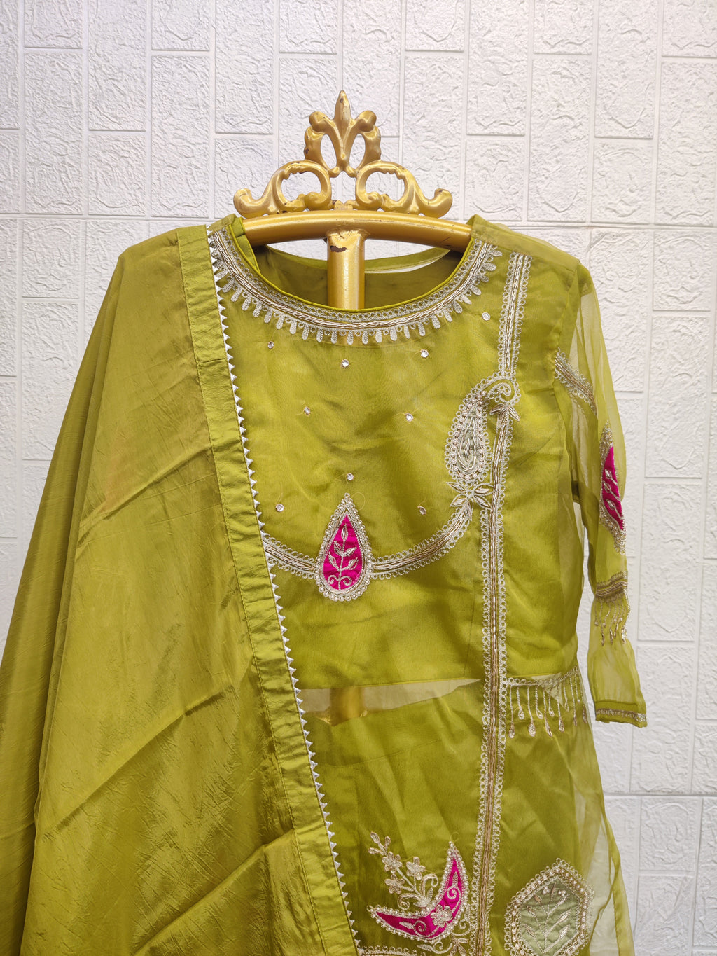 The Olive Green & Fuchsia Paisley Organza Set
