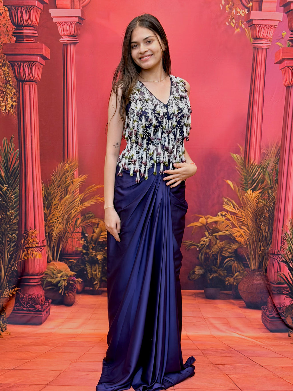 The Midnight Blue Draped Fringe Gown