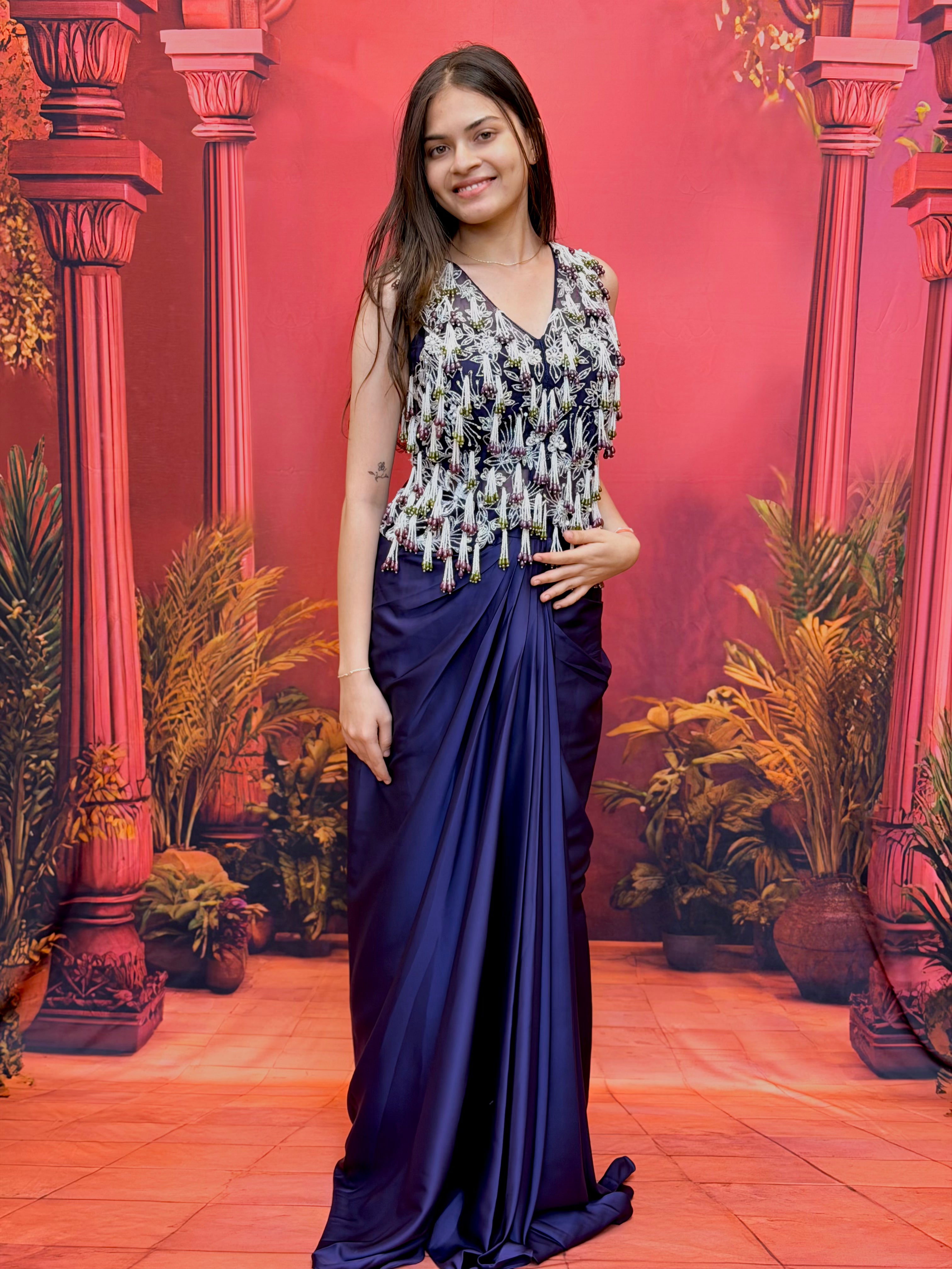 The Midnight Blue Draped Fringe Gown