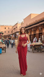 Crimson Embellished Halter & Draped Dhoti Skirt Set