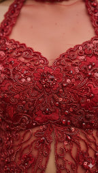 Crimson Embellished Halter & Draped Dhoti Skirt Set