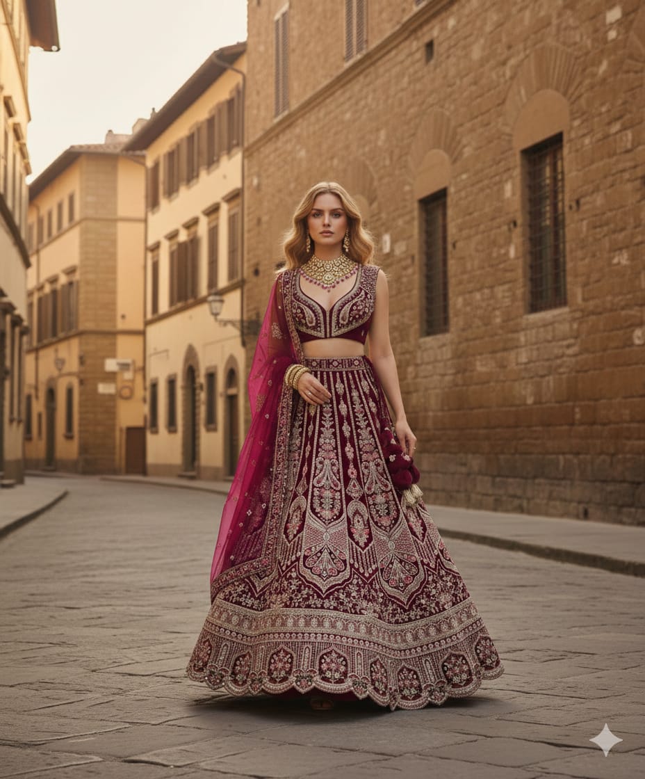 Royal Crimson Velvet Zardosi Bridal Lehenga