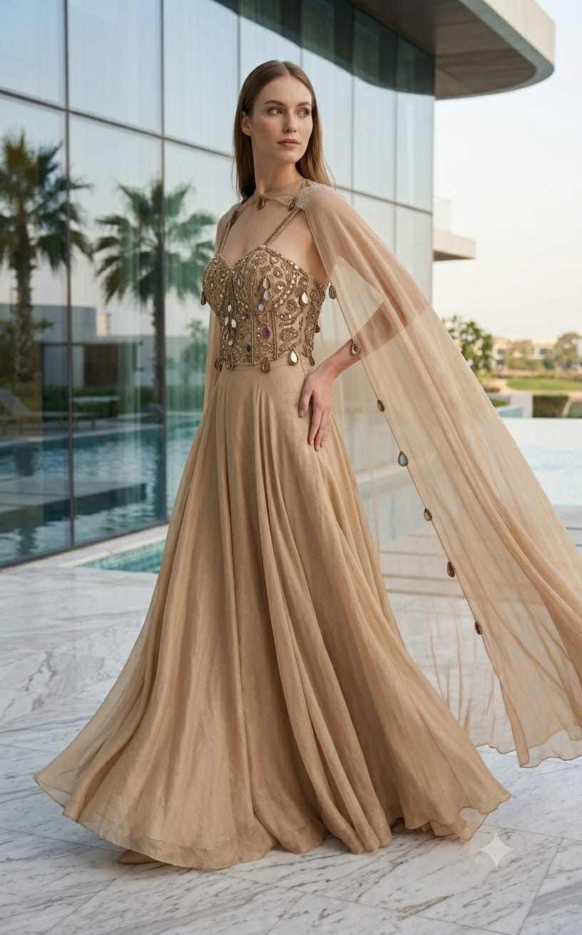 The Ethereal Cascade Cape Gown