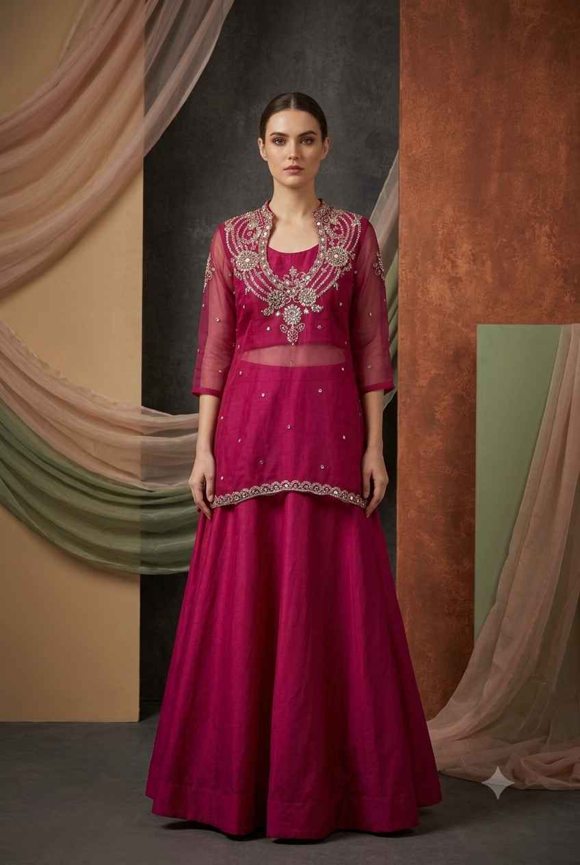 The Rani Pink Mirror-Work Organza Tunic Set