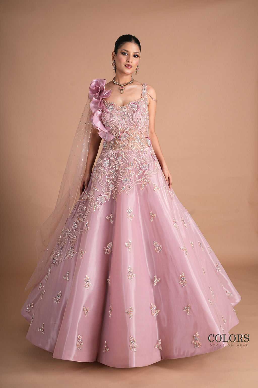 Mauve Organza Embellished Gown with Ruffled Shoulder and Sequin Cape