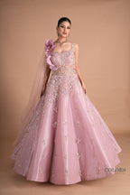 Mauve Organza Embellished Gown with Ruffled Shoulder and Sequin Cape