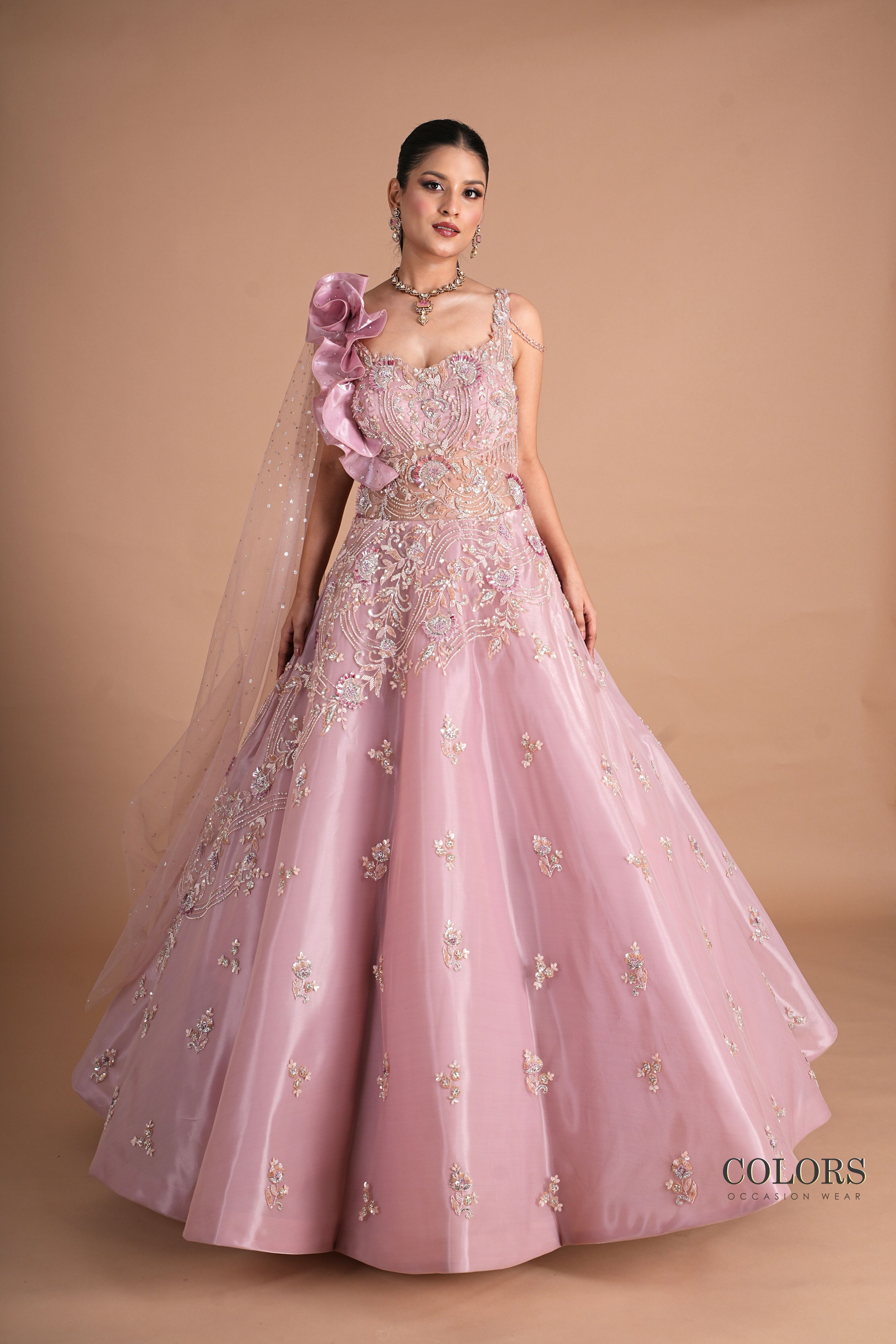 Mauve Organza Embellished Gown with Ruffled Shoulder and Sequin Cape