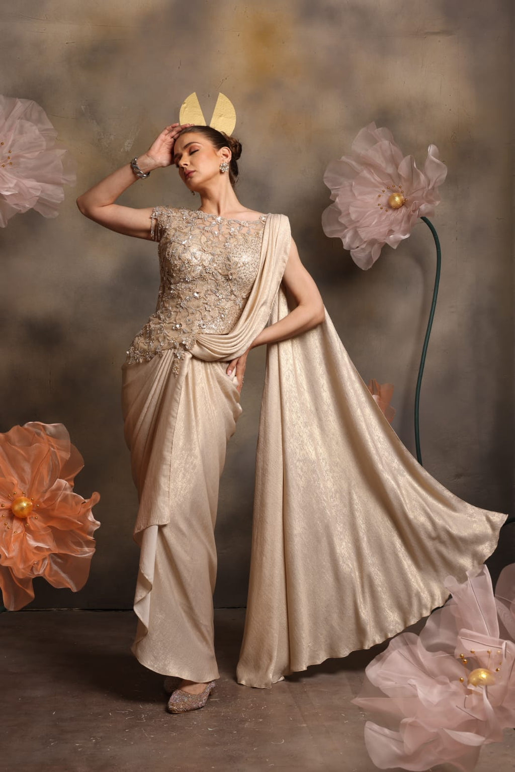 Champagne Gold Sequin-Embellished Draped Saree Gown with Sheer Illusion Bodice