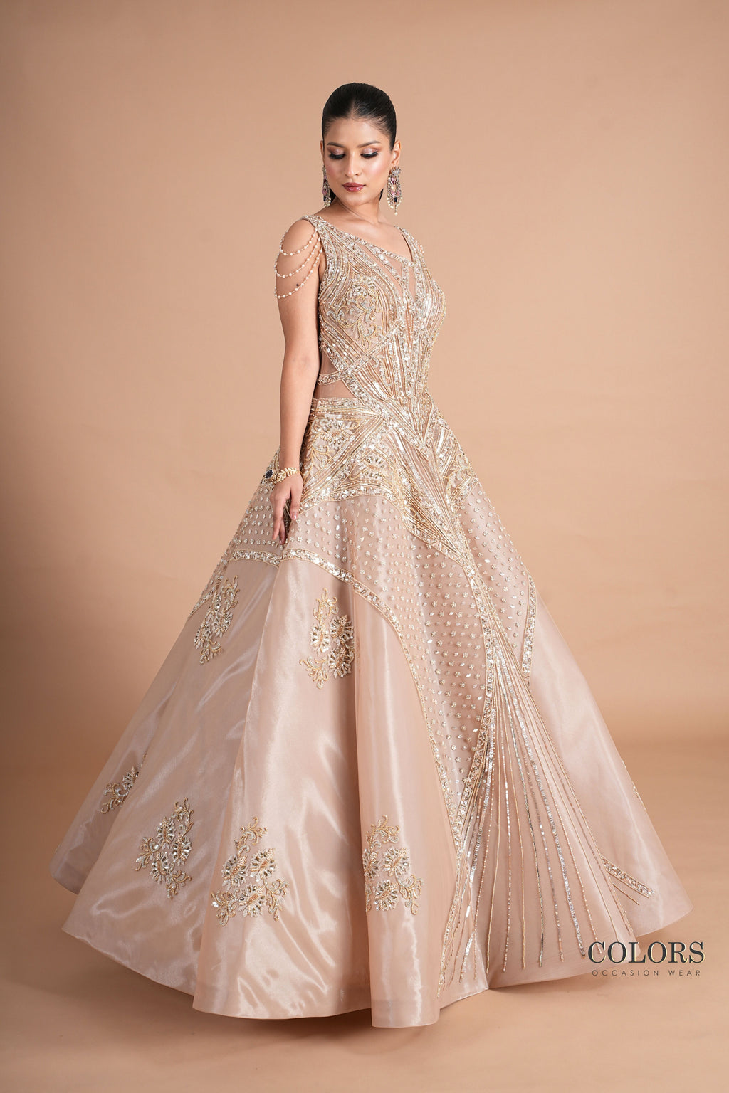 Champagne Gold Geometric Embellished Ball Gown with Pearl Drape Sleeves