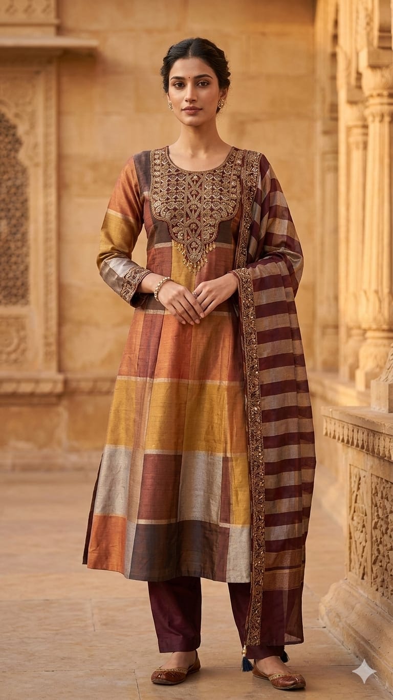 Multi-Toned Chanderi Silk Checkered Kurta Set with Zari Embroidered Yoke & Striped Dupatta