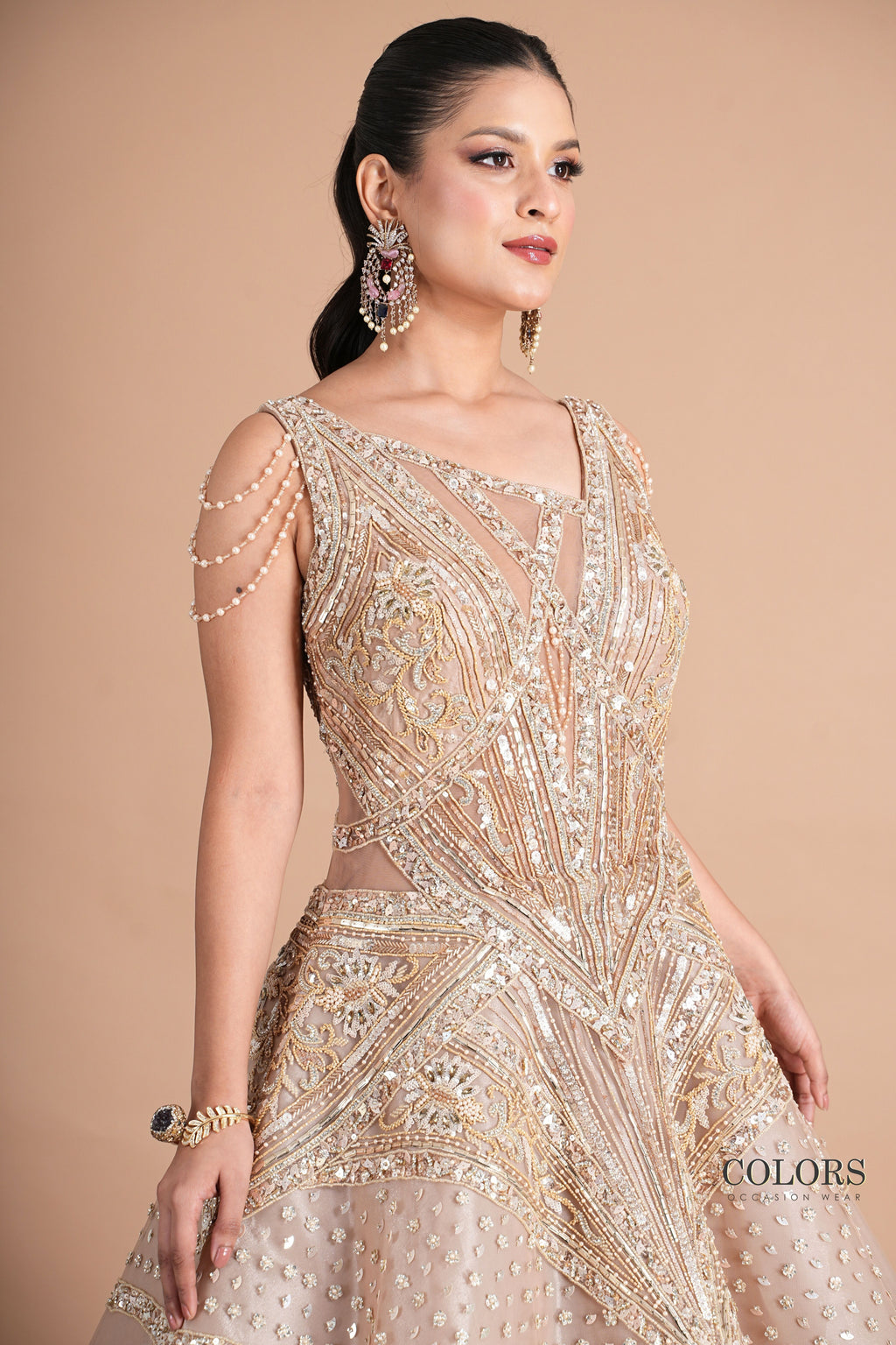 Champagne Gold Geometric Embellished Ball Gown with Pearl Drape Sleeves