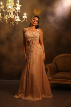 The Ethereal Champagne Pleated Pre-Draped Saree Set