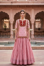 Royal Dusty Rose Silk Kurta Set with Crimson Velvet Zardosi Bib & Micro-Pleated Maxi Skirt