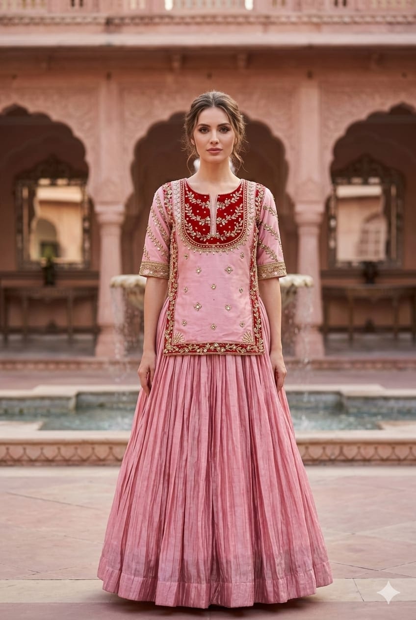 Royal Dusty Rose Silk Kurta Set with Crimson Velvet Zardosi Bib & Micro-Pleated Maxi Skirt