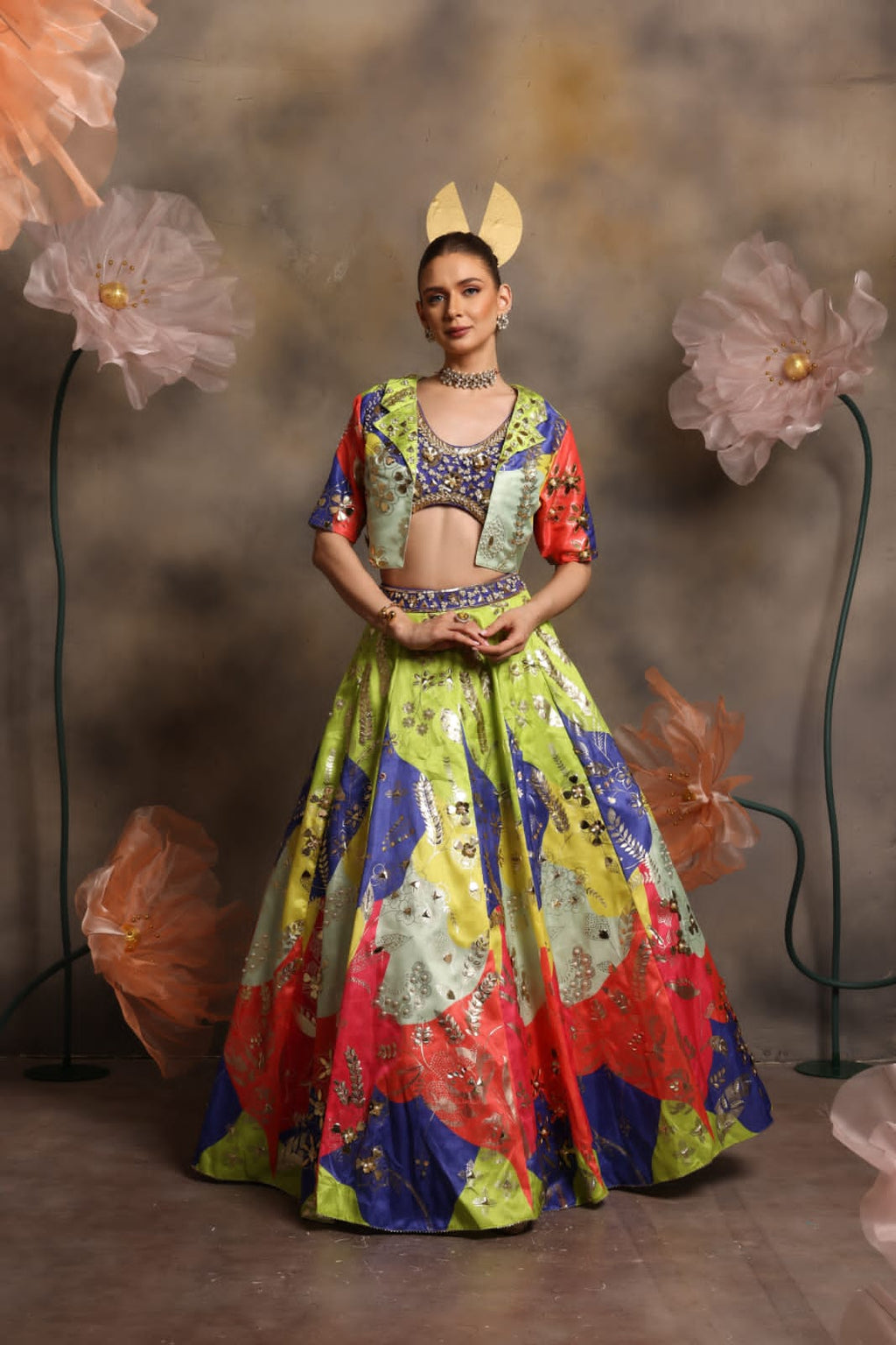 Shubh Studio Vibrant Multicolor Indo-Western Lehenga Set with Embellished Jacket