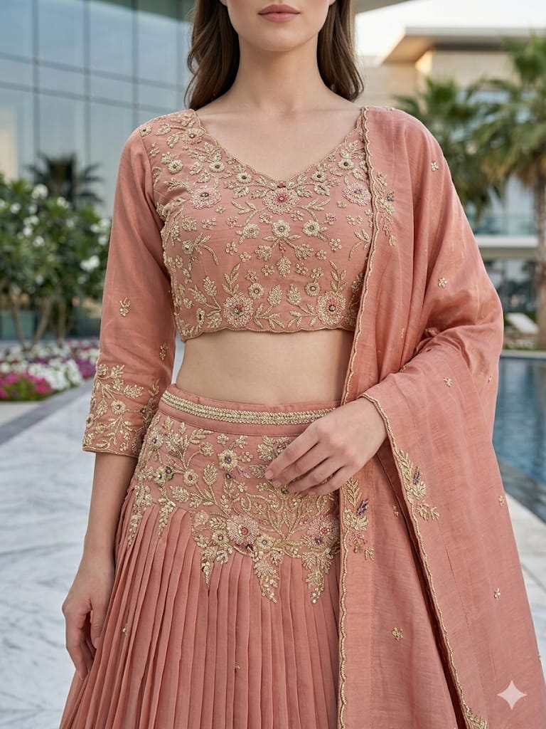Peach Pleated Georgette Lehenga Choli with Zari Floral Embroidery & Matching Dupatta