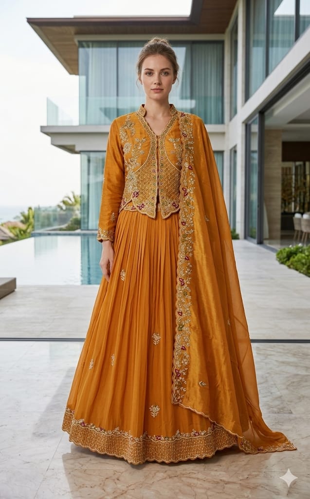 Mustard Yellow Silk Indo-Western Lehenga Set with Embroidered Peplum Koti & Scalloped Dupatta