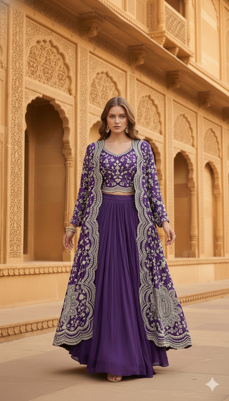 Royal Amethyst Embroidered Long Jacket & Crop Top Lehenga Set