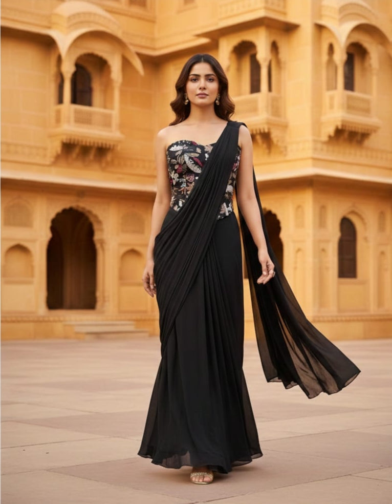 Elegant Deep Plum Georgette Lehenga Choli with Embroidered Halter Blouse and Ruffle Dupatta