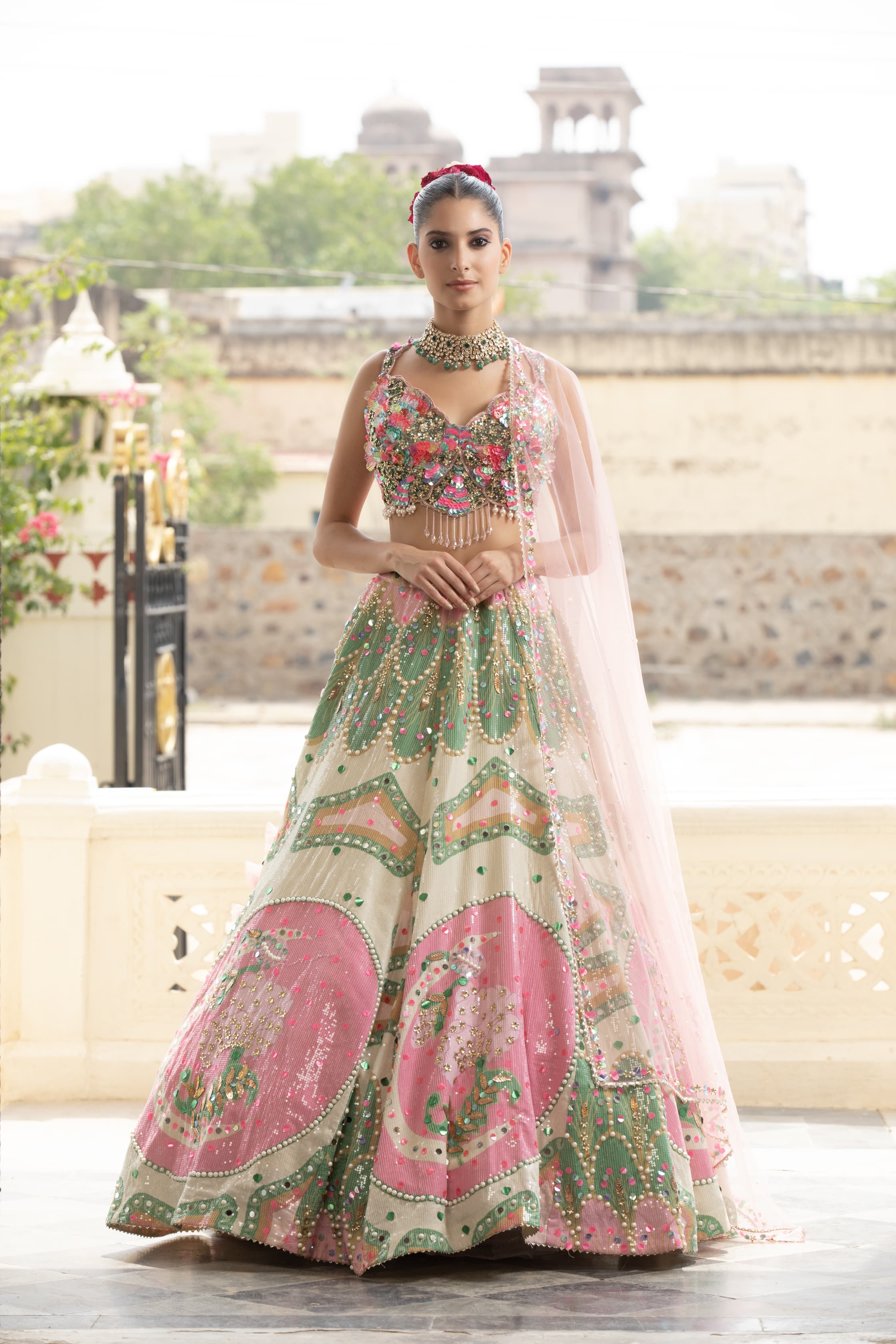 Shubh Studio Blush Pink & Mint Green Embellished Lehenga Set