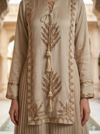 Beige Embroidered Tunic with Pleated Sharara Skirt & Tassel Detail
