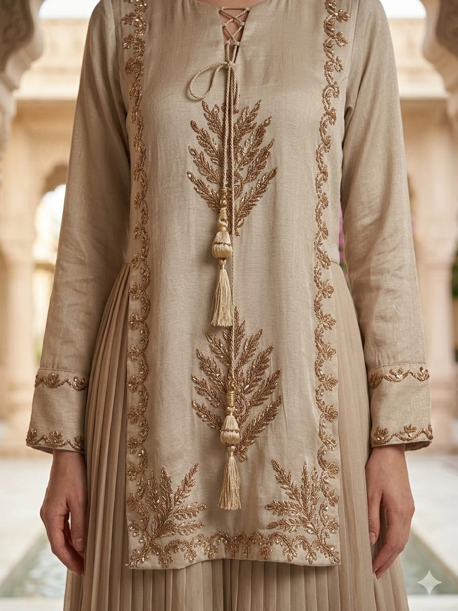 Beige Embroidered Tunic with Pleated Sharara Skirt & Tassel Detail