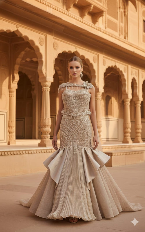 Champagne Gold Heavily Embellished Mermaid Lehenga Set with Peplum Corset & Architectural Pleats