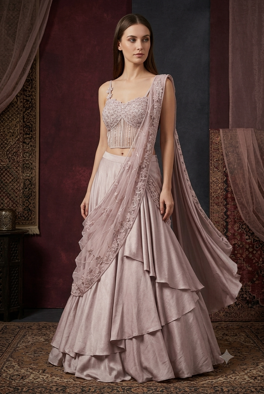 The Lavender Radiance Tiered Saree Gown