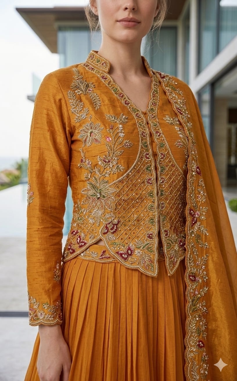 Mustard Yellow Silk Indo-Western Lehenga Set with Embroidered Peplum Koti & Scalloped Dupatta