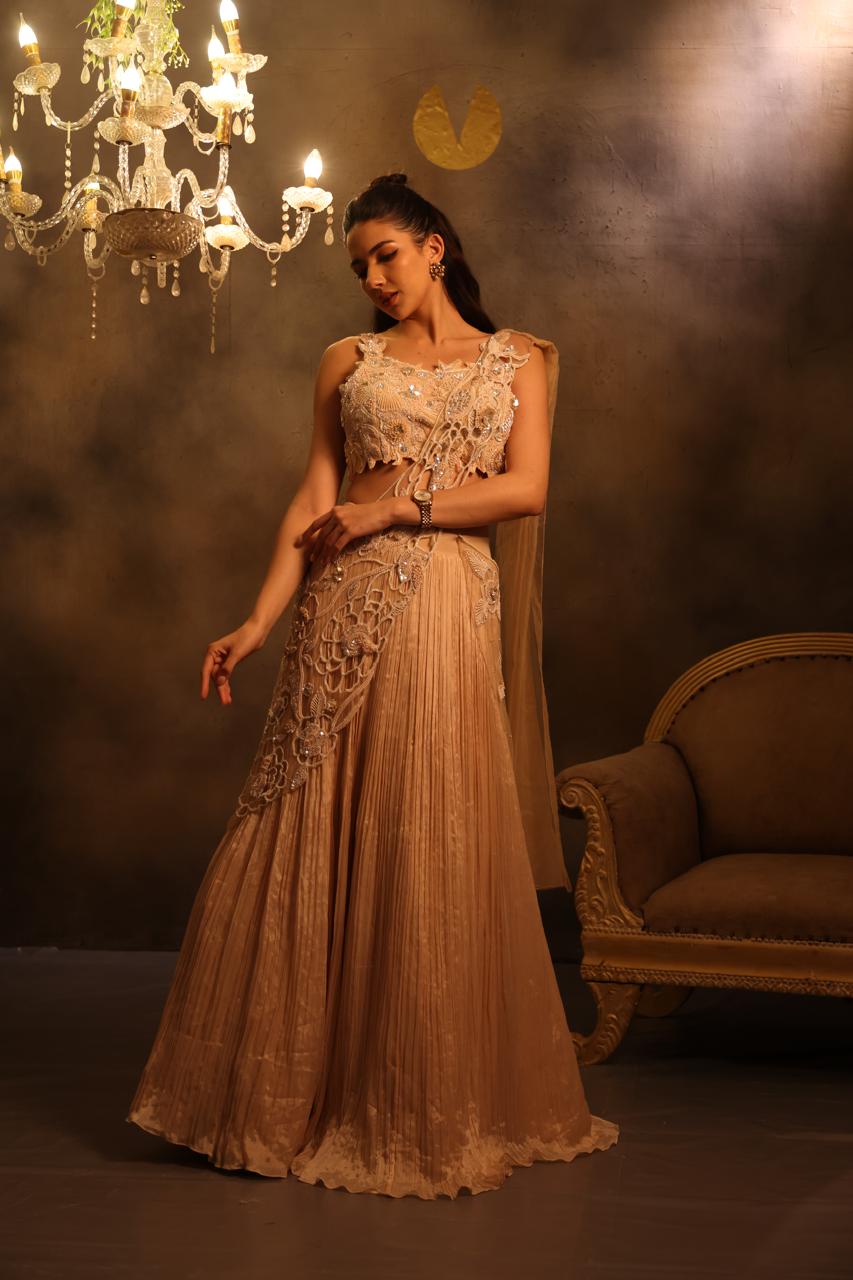 The Ethereal Champagne Pleated Pre-Draped Saree Set