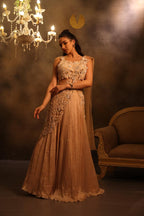 The Ethereal Champagne Pleated Pre-Draped Saree Set