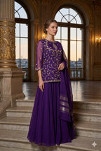 Deep Magenta Zari-Work Kurti Lehenga Set with Sheer Dupatta