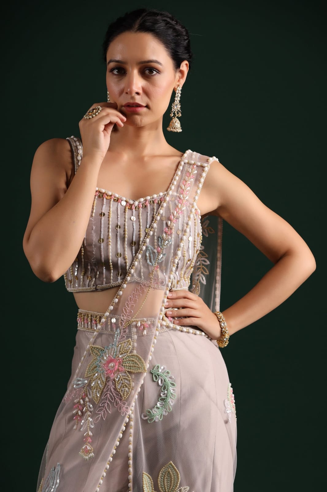 Shubh Studio Smoky Mauve Pearl-Embellished Lehenga Saree Set