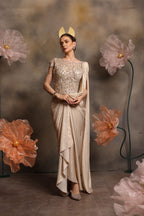 Champagne Gold Sequin-Embellished Draped Saree Gown with Sheer Illusion Bodice
