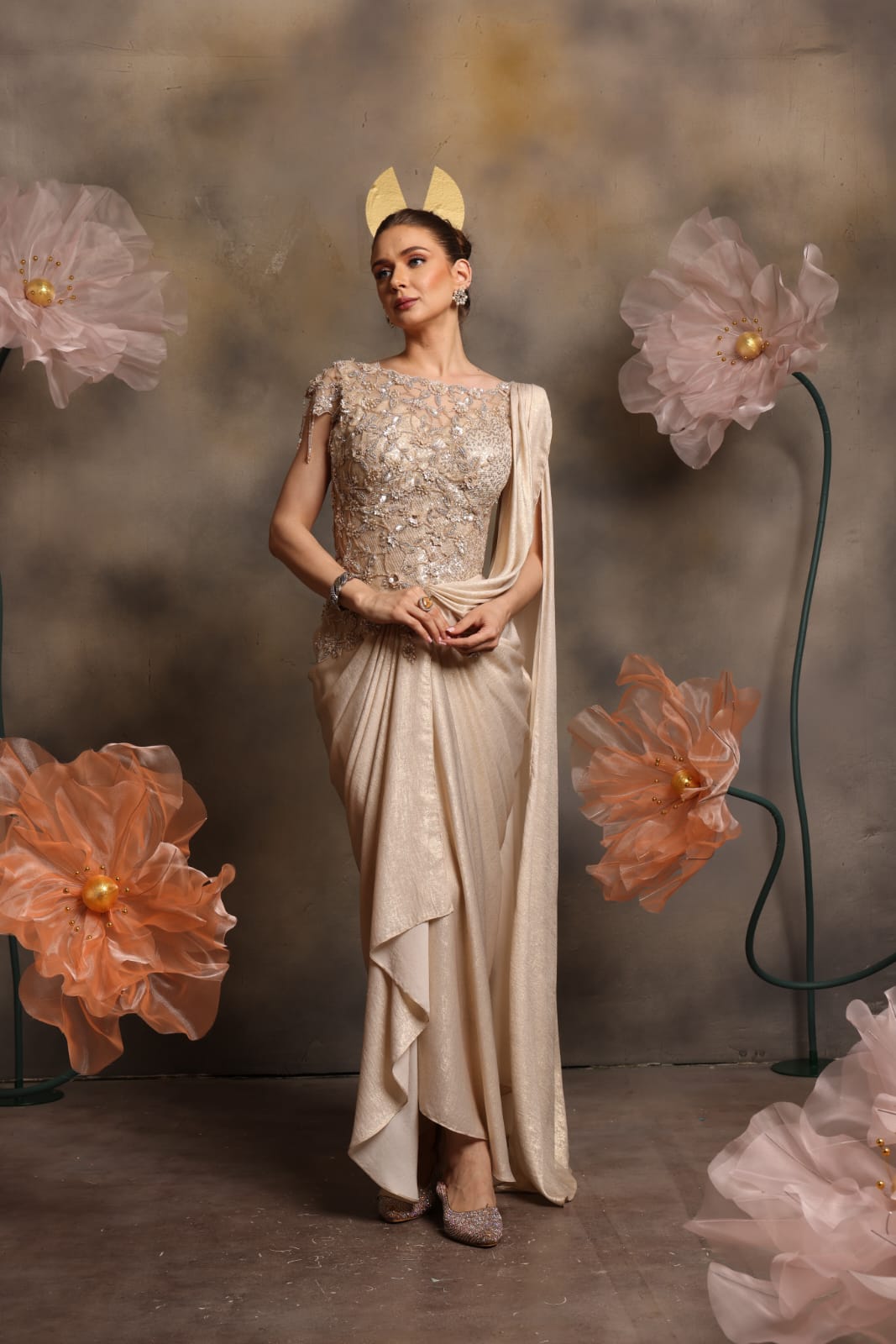 Champagne Gold Sequin-Embellished Draped Saree Gown with Sheer Illusion Bodice