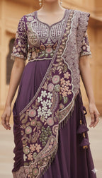 Royal Purple Embroidered Pre-Draped Saree Gown with Scalloped Floral Border