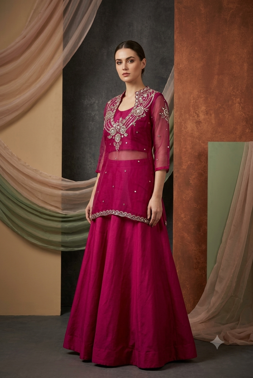 The Rani Pink Mirror-Work Organza Tunic Set