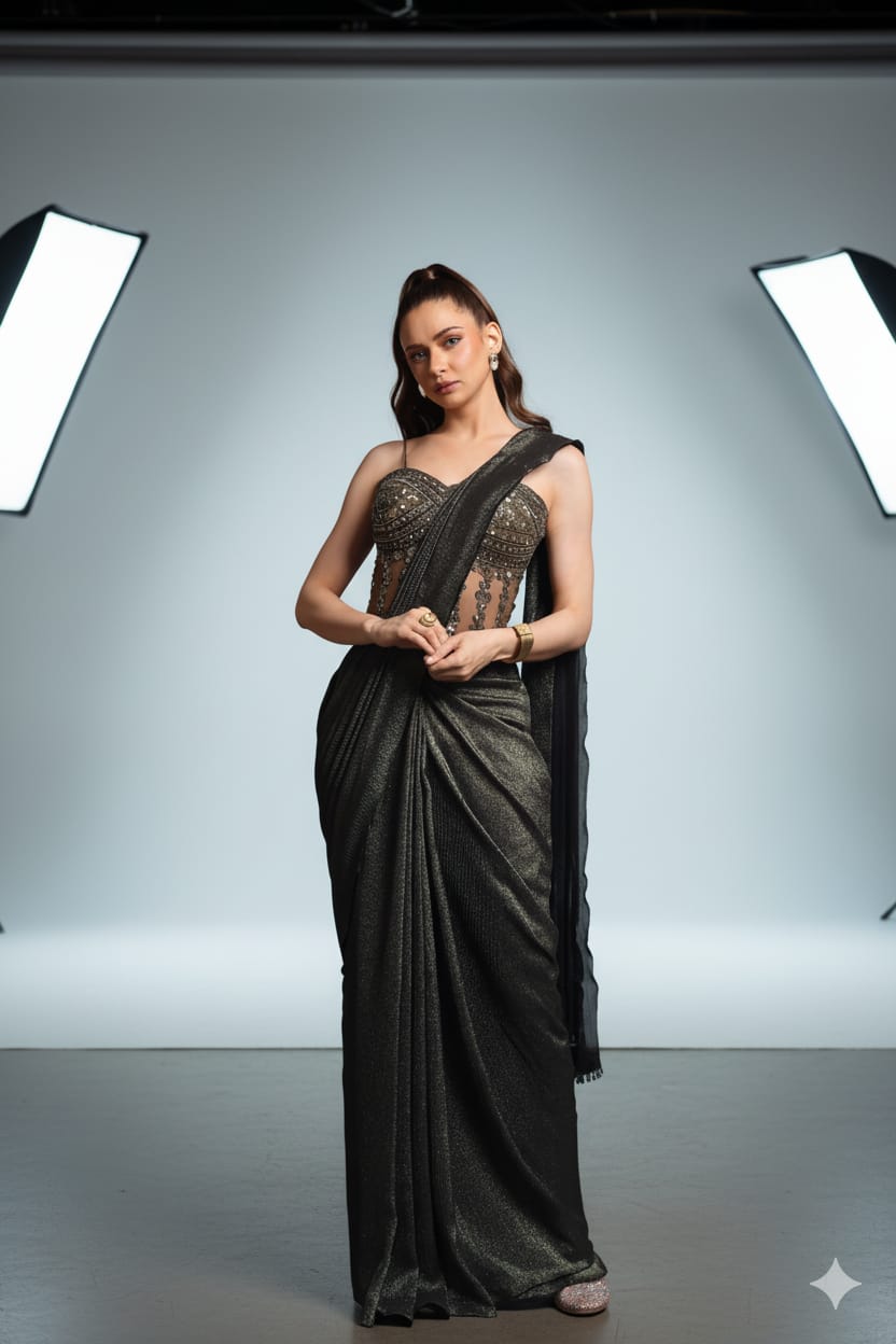 Draped Elegance: Charcoal Metallic Ready-to-Wear Pre-Stitched Saree