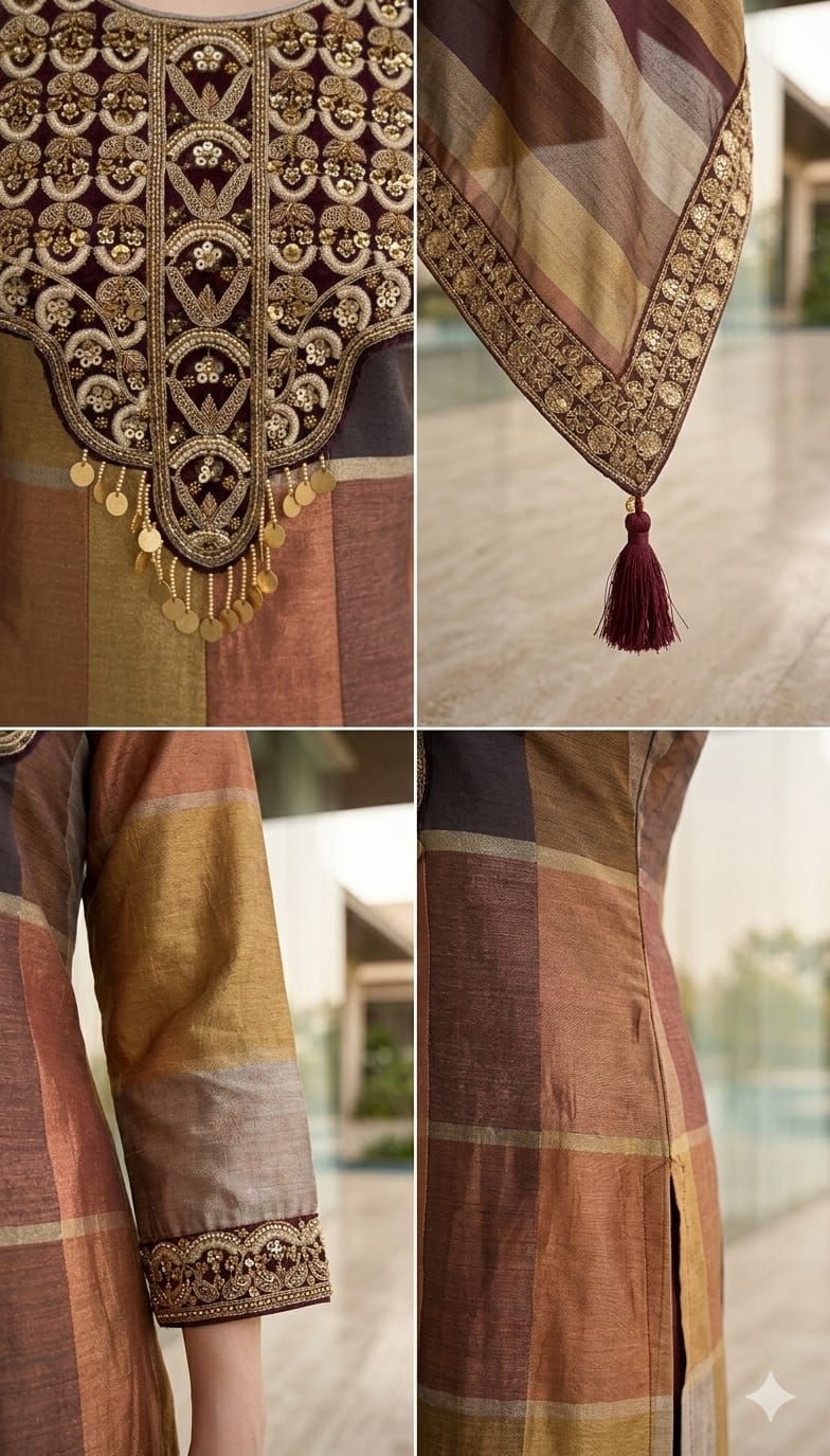 Multi-Toned Chanderi Silk Checkered Kurta Set with Zari Embroidered Yoke & Striped Dupatta