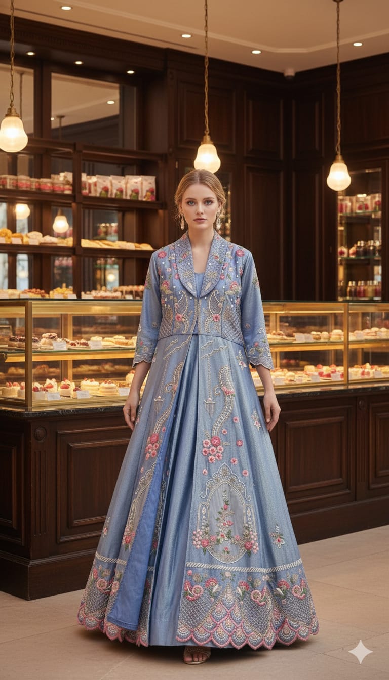 Serene Azure Floral Embroidered Jacket Gown
